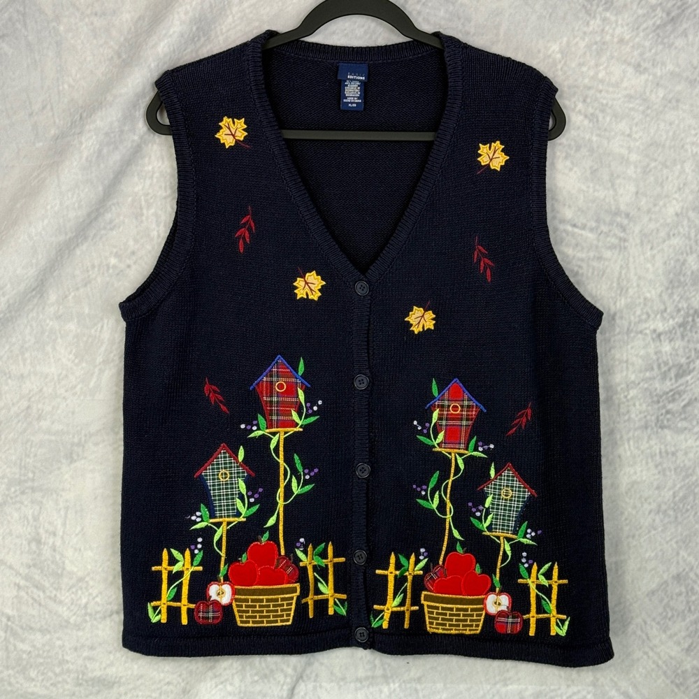 Vintage Womens Navy Blue Birdhouse Apple Patchwork‎ Sweater Vest XL cottagecore